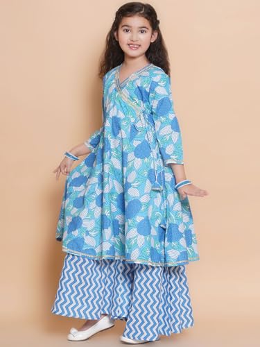 Image of Bitiya By Bhama Girls Floral Printed V-Neck Gotta Patti Pure Cotton Kurta with Sharara(TKS200)