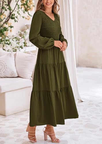 Image of PRETTYGARDEN Fall Dresses for Women 2025 Casual Long Sleeve V Neck Smocked A Line Long Flowy Wedding Guest Dress