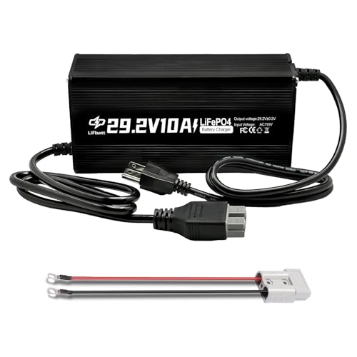 LiFePO4 Battery Charger 24V 10A Output 29.2V with Anderson Connector and M8 Adapter Cable for Deep Cycle Rechargeable LiFePO4 Lithium Batteries Charging