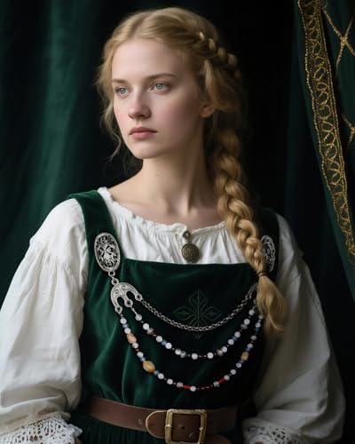 Image of Viking Apron Brooch Chains Medieval Renaissance Women Jewelry | Dress Cape Sweater Shawl Cloak Clasp with Chain, Beads, Celtic Norse Fantasy Elf Fairy Witch Accessory, LARP, Ren Faire