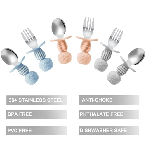 PandaEar 6 Stück Kinderbesteck| Silikongriff Edelstahl Kindergeschirr Set | Baby Besteck Esslernbesteck ab 1 jahr | Kinder Löffel und Gabel Set für Baby| BPA frei Lernbesteck (Blau/Grau/Pfirsich)