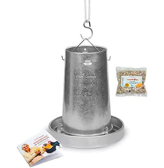 FINCA CASAREJO - Tolva Chapa Galvanizada 20 kg - Comedero para Aves de Corral - Incluye 150 Gramos de Conchilla Plus y Guía de Alimentación de Las Gallinas