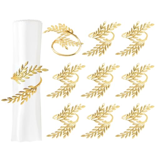 URROMA 10 anelli portatovaglioli in metallo a forma di foglia, con foglie dorate, fibbie per tovaglioli, per matrimoni, feste di Natale, cene, decorazioni per la tavola