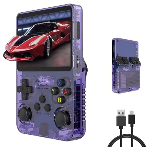 Console de Jeu Portable R36S, Console Gaming 3,5 Pouces Écran IPS Système Linux Open Source Intégré 40000+ Jeux Classiques Console de Jeux, Carte TF 128G(Violet)
