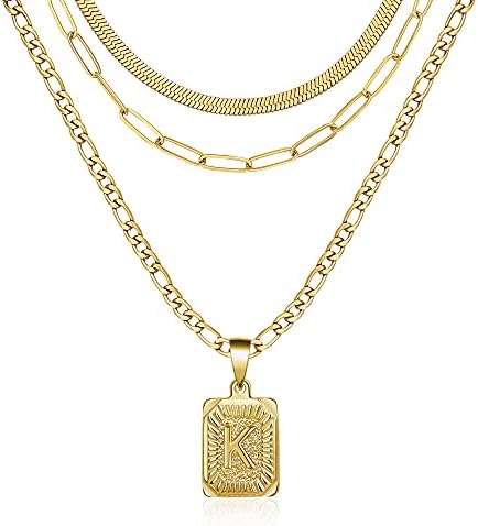 Dainty Layered Initial Necklaces for Women 18K Gold Plated Figaro Chain Necklace Simple Cute Letter Pendant Initial Paperclip Herringbone Snake Choker Gold Layered Necklaces for Women Teen Girl