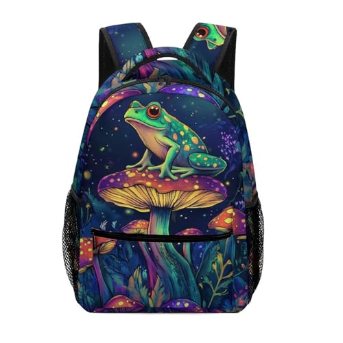 GNEW Mochila divertida sapo sentado no cogumelo para adolescentes, meninos e meninas, mochila de sapo verde, rosa roxo cogumelo floresta, mochila de viagem resistente à água, 41 cm