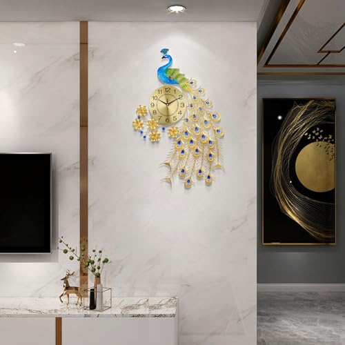 Image of Large Peacock Wall Clock 31.5 inch Metal Design Non-Ticking Silent Art Digital Wall Clocks for Living Room Decor Gold