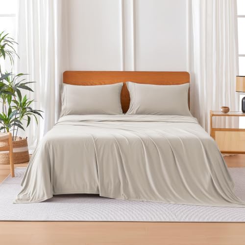 Image of Amazon Basics Jersey Knit 4-Piece Sheet Set, Wrinkle Resistant and Easy Fit, Includes 16 inch Deep Pocket Fitted Sheet, 1 Flat Sheet and 2 Pillowcases, Queen, Beige