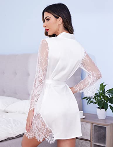 Avidlove Satin Robe Kimono Lingerie For Women Long Lace Silk Bridesmaid Robes White Small #TOP4