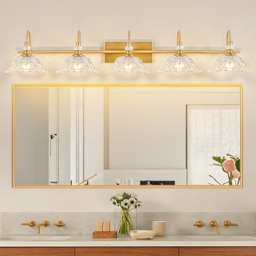 Image of Gold Bathroom Vanity Light, 5-Light Brushed Gold Finish Vanity Light with Floral Clear Glass Shades, Vintage Wall Mount Lighting for Bathroom, Dressing Table
