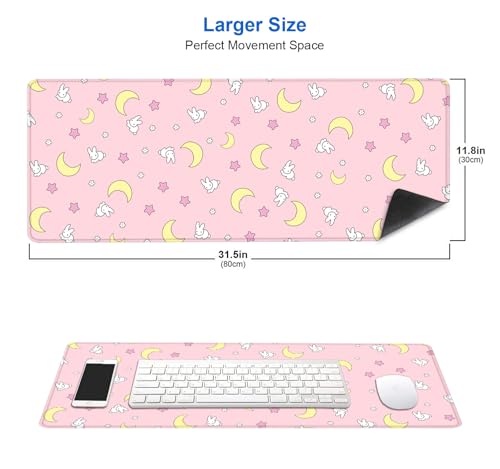 Image of IMAYONDIA Pink Kawaii Desk Pad, Cute Moon Bunny Desk Mat Computer Pad Desktop,Laptop Protector Aesthetic Anime Mousepad Writing Pad for Office Home School,Large Gaming Mouse Pad Tarot Mat,31.5 X 11.8