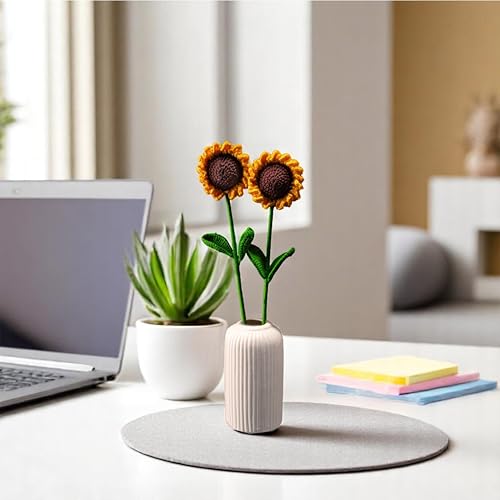 Image of Sunflower Crochet Flowers | Handcrafted Artificial Faux Woolen Flower with Long Stem | Natural Looking Knitted Flower for Home Decor, Living Room, Vase & Bouquet Decoration & Gifting | 2 Pcs