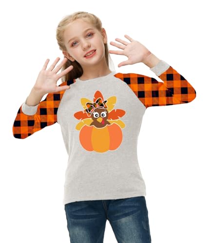 Image of Remimi Girls Thanksgiving Shirts Buffalo Plaid Raglan Tee Cute Turkey Holiday Party Long Sleeve Tshirt 5-14 Years