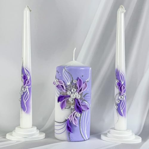 Magik Life Unity Candle Set - Wedding Ceremony & Reception – 6” Pillar & Two 10” Taper Candles – Long Burning Unity Candles for Marriage Ritual – Handmade in USA - White | Royal Violet