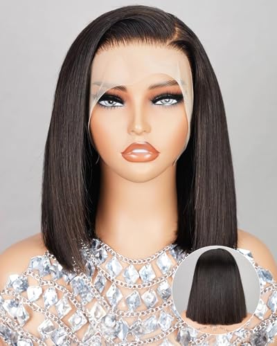 MEGALOOK 13x4 HD Lace Front Wigs Bob Wig Human Hair For Black Woman Upgraded Pre Plucked Bleached Tiny Knots Wig 200% Brazilian Virgin Human Hair Natural Black Color 10 Inch