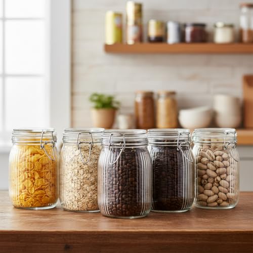 ginoya brothers Lining Textured Airtight Glass Storage Jar with Clip Lock Lid – Kitchen & Pantry Organizer, Multiple Sizes For Dry Food, pickles, beans, cookies (6, 1000 ML)