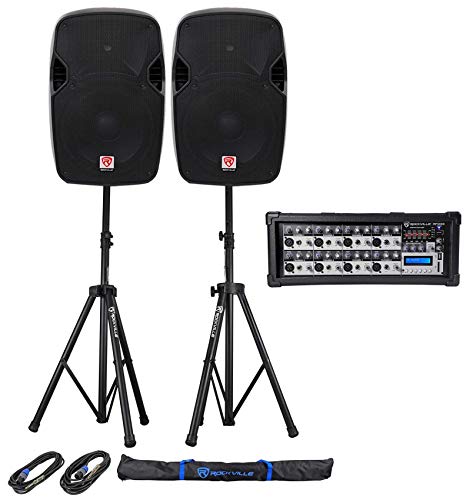(2) Rockville 12" 2400 Watt DJ PA Speakers+Stands+Cables+Bag+Bluetooth Mixer
