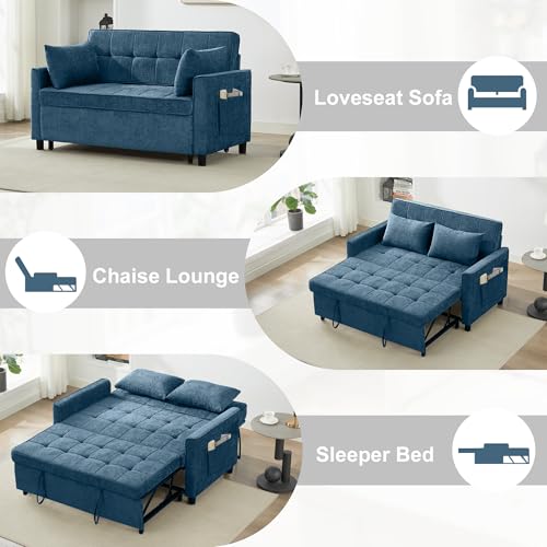 Tbfit 57" Love Seat Sleeper Bed, Convertible Pull Out Couch Bed, Chenille Loveseat Sofa Bed with USB & Adjustable Backrest, Full Size Pull Out Couches for Living Room, Apartment, Office, Dorm, Blue — view 4