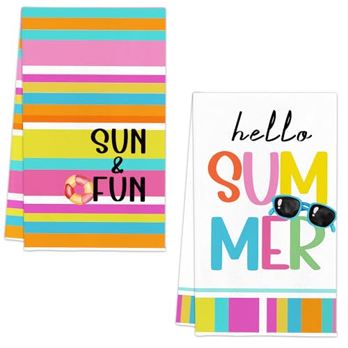 Image of FUTBU Summer Kitchen Towels, Sun and Fun Stripes Dish Towels Set of 2 for Bathroom Decor, 18x26Inch Drying Dishcloth Farmhouse Holiday Summer Pools Decoration
