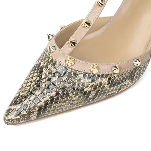 Image of XINIUNIU Studded Heels for Women Kitten Heels with Studs Stiletto Sandals with Rivet Ankle Strap Patent Leather Pointy Toe 2.5 Inch Party Daily Wear Evening Sandals