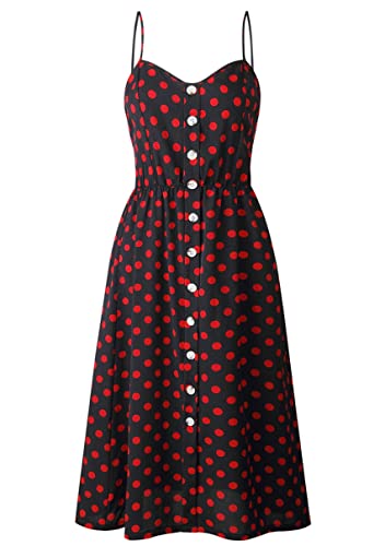 Image of YMING Womens Summer Spaghetti Strap Dresses Button Down Floral Sundress High Waist Swing Midi Dress with Pockets