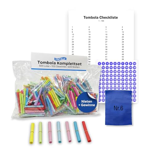 Kanzallo Tombola Lose Set mit Nieten Lose Tombola Gewinnlose & Nieten nummerierte Tombolalose inkl. Checkliste & Sticker für Schule Verein & Party (100 Gewinne / 400 Nieten)