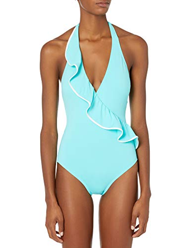 Carmen Marc Valvo Women's Surplus Halter one Piece Swimsuit with Ruffle, Ocean Waves Aqua Marine, 6