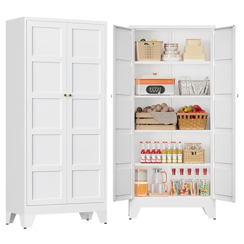 71 Tall Kitchen Cabinet Storage Unit With 2 Doors and 4 Adjustable Shelves Metal White Freestanding Cupboard 5 Tier Kitchen Pantry Storage Cabinet for Kitchen Dining/Living Room/Garage/Home/Office