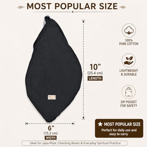 Image of Original Pure Cotton Gomukhi Japa Mala Bag /Chanting Bag or Beads Bag /Jholi /Thole with Zip Pocket and Sakshi Mala Counter, Colour; Black (Pack of 1)