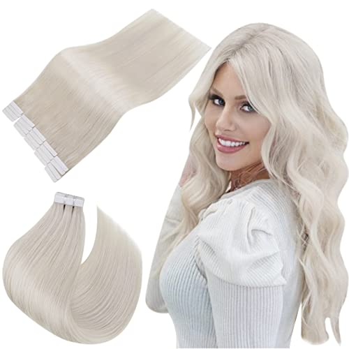 Easyouth Tape in Hair Extensions Human Hair White Blonde Invisible Tape in Extensions Remy Human Hair Double Sided Tape in Human Hair Extensions Blonde for Women 18Inch 20Pcs 40g