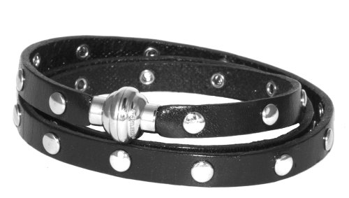 Black Leather Wrap Stud Stainless Steel Magnetic Clasp Bracelet, 22.5" #TOP20