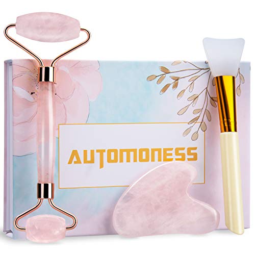 Automoness Kit de massage en quartz rose et Gua Sha - Pour le visage, les yeux, le cou, les muscles du corps et soulager les rides et ridules Cover