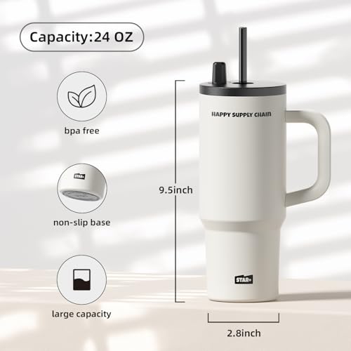 Image of SDGA+ 24 oz Tumbler with Lid and Straw, Stainless Steel Travel Coffee Mug with Handle, Resuable Insulated Water Bottle, Portable Ice Coffee Cup for Women, White