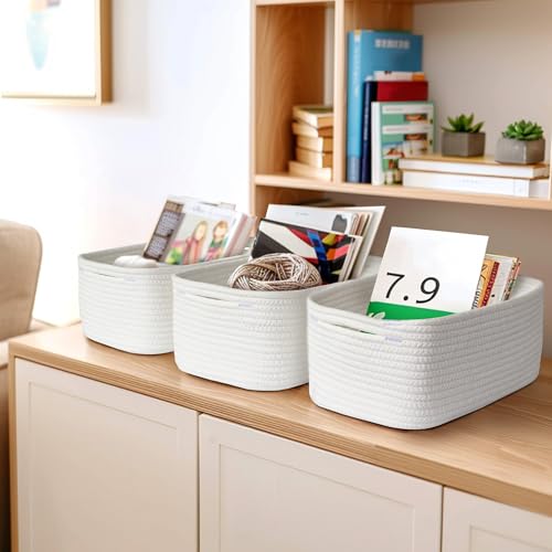 Image of MEGASKET Small White Baskets for Organizing, Woven Storage Baskets for Shelves, Cotton Rope Gift Bins Empty, Decorative Organizer Box, Wicker Towel Bathroom Storage, 13.8 inchx8.8 inchx5.5 inch