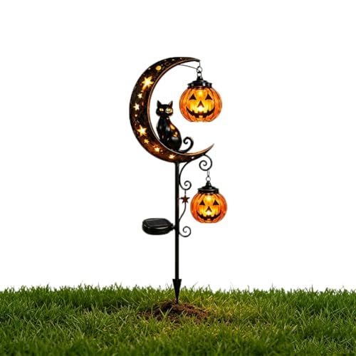 Solar Halloween Black Cat & Pumpkin Moon Garden Stake Light Outdoor Waterproof LED Yard Decoration with Crescent Moon Hanging Jack-o-Lantern Lantern for Garden Patio Walkway Porch (Style C)