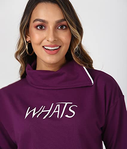 Image of UrbanMark Women High Neck Text Printed Crop Sweatshirt with Shoulder Zip-Purple
