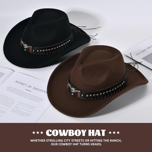 Image of Classic Western Cowboy Hat Cowgirl Hat Unisex Men's & Women's Wide Brim Felt Fedora Hat Flat Top with Buckle Belt