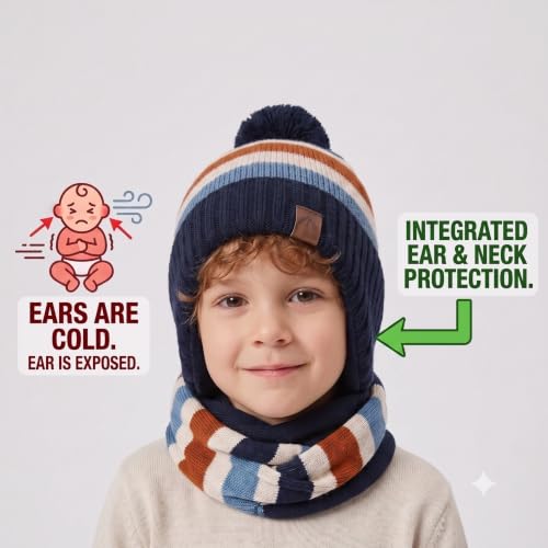 Image of LMLALML Boys Winter Hat Earflap Knitted Beanie for Kids Warm Fleece Lined Thicken Hat for Baby