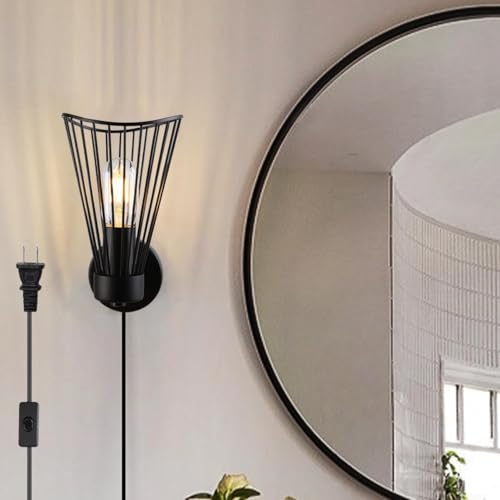 Image of Plug in Wall Sconce Indoor Large Modern Wall Sconces Farmhouse Wall Lamp with Plug in Cord Vintage Black Wall Lights with On /Off Switch Wall Light Fixture for Living Room Bedroom Rustic