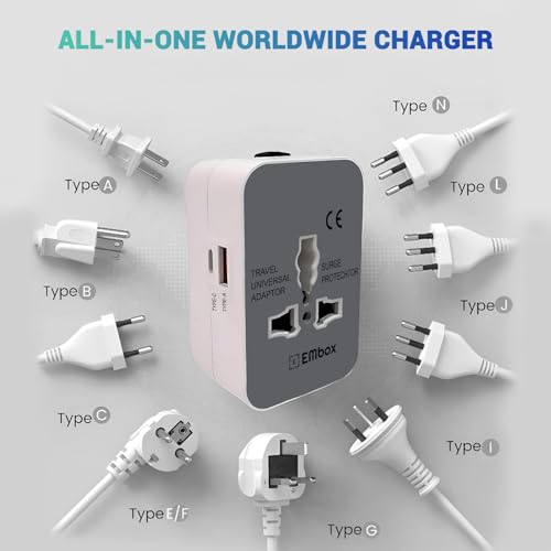 Image of Embox Universal Travel Adapter | All-in-One Worldwide Charger Adapter with Type C, USB & Type A Ports | Supports 224+ Countries | International Plug for Phone, Laptop, Gadgets (100-250V, White)