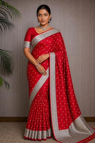 Image of Women's Glory Kanjivaram Banarasi Silk Saree with Polka Dot Embroidery Blend Woven Zari with Jacquard Woven Unstitched Blouse Piece.