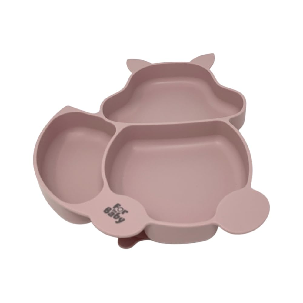 Silicone Squirrel Suction Plate for Children, 24.2 x 18.5 cm, 3 Compartments, Dusty Pink/Blue/Grey (Dusty Pink)