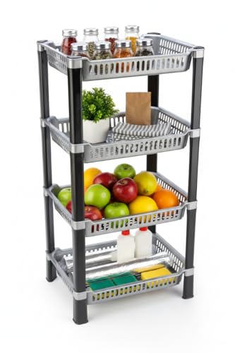 Image of U-Max Multi Tire Kitchen Storage Rack, Plastic Utility Shelf Organiser, Space Saving Storage Solution, Revolving Vegetable Rack (Silver, 4)