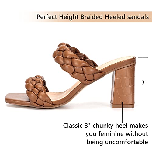 Gvimenos Women's Braided Heeled Sandals Backless Square Open Toe Braided Heels Strappy Slip On Block Heels Size 9 Tan #TOP3
