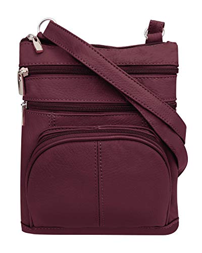 Roma Leathers Genuine Cross Body Purse Bag, Multi-Pocket (Wine)
