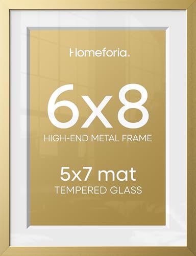 Image of Homeforia 6x8 Gold Picture Frame, High-End Metal, 5x7 Mat, Glass | High End Aluminum, Tempered Glass, Acid-Free 5x7 Removable Mat, 6x8 in Edge-to-Edge Display 8x6, Wall Kit, Set Of 2