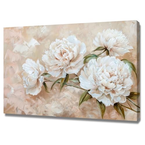 Toile pivoine blanche cadre bois décoration murale fleur blanche 60x80