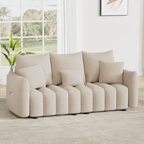 Image of OUYESSIR 81 inch Modern Sofa Couch, Comfy Upholstered Teddy Deep Seat Boucle Sofa, Modern 3-Seater Cloud Couch, Oversized Loveseat for Living Room Office Apartment, Light Brown