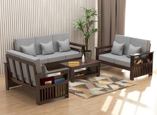 Image of Sheesham Wooden 7 Seater Sofa for Living Room | Rosewood 7 Seater Cushion Sofa Side Half Moon Rack | Solid Wood Sofa Set for Lounge (-3+2+2,Walnut Finish)