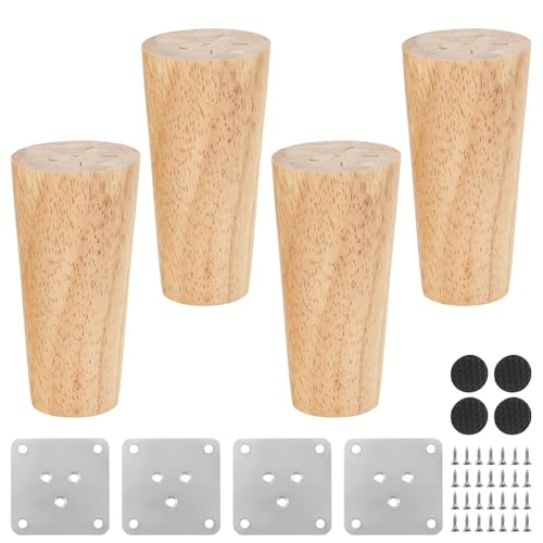 Shwdsy 4 Piezas Patas Mueble, Patas para Muebles Madera, 10 cm Patas Madera con Alfombrilla Antideslizante, Completo con Placa de Montaje y Tornillos, Apto para Sofás, Mesitas de Noche y Armarios